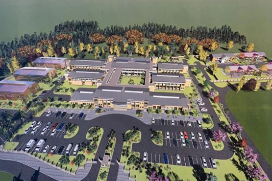 Arkitekttegning av nytt traumesjukehus for ortopedi og nevrokirurgi på sykehusområde. Bygg og parkeringsplasser.