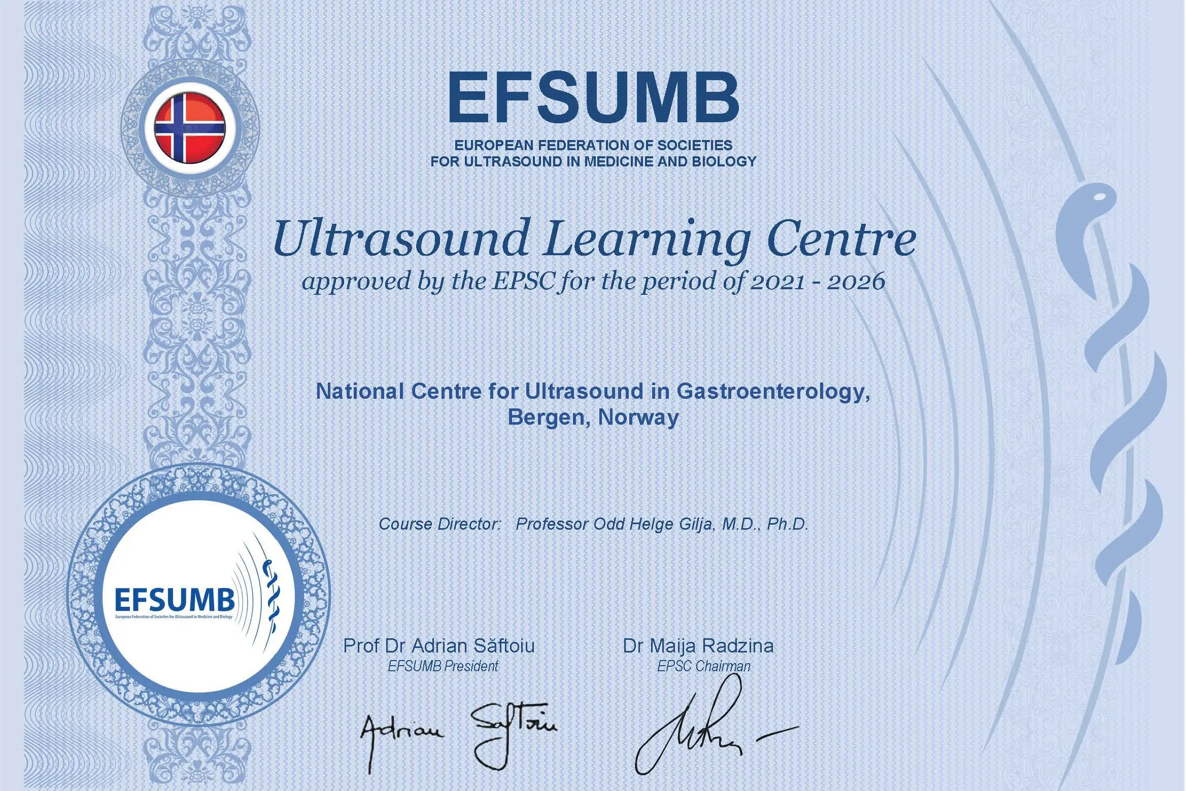 EFSUMBsertifikat for NSGU som akkreditert senter for ultralydopplæring