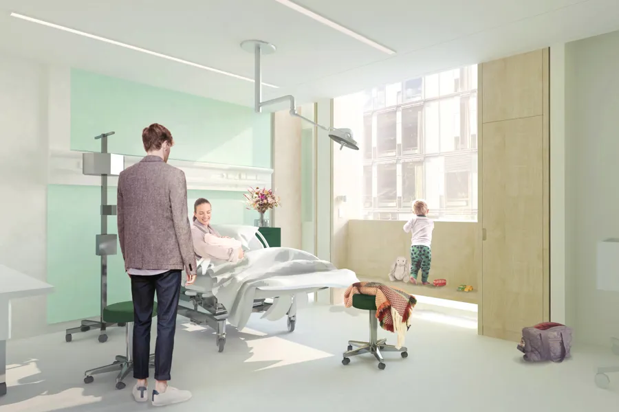 Illustrasjon mor med nyfødt, far og søsken på barselavdeling. Foto