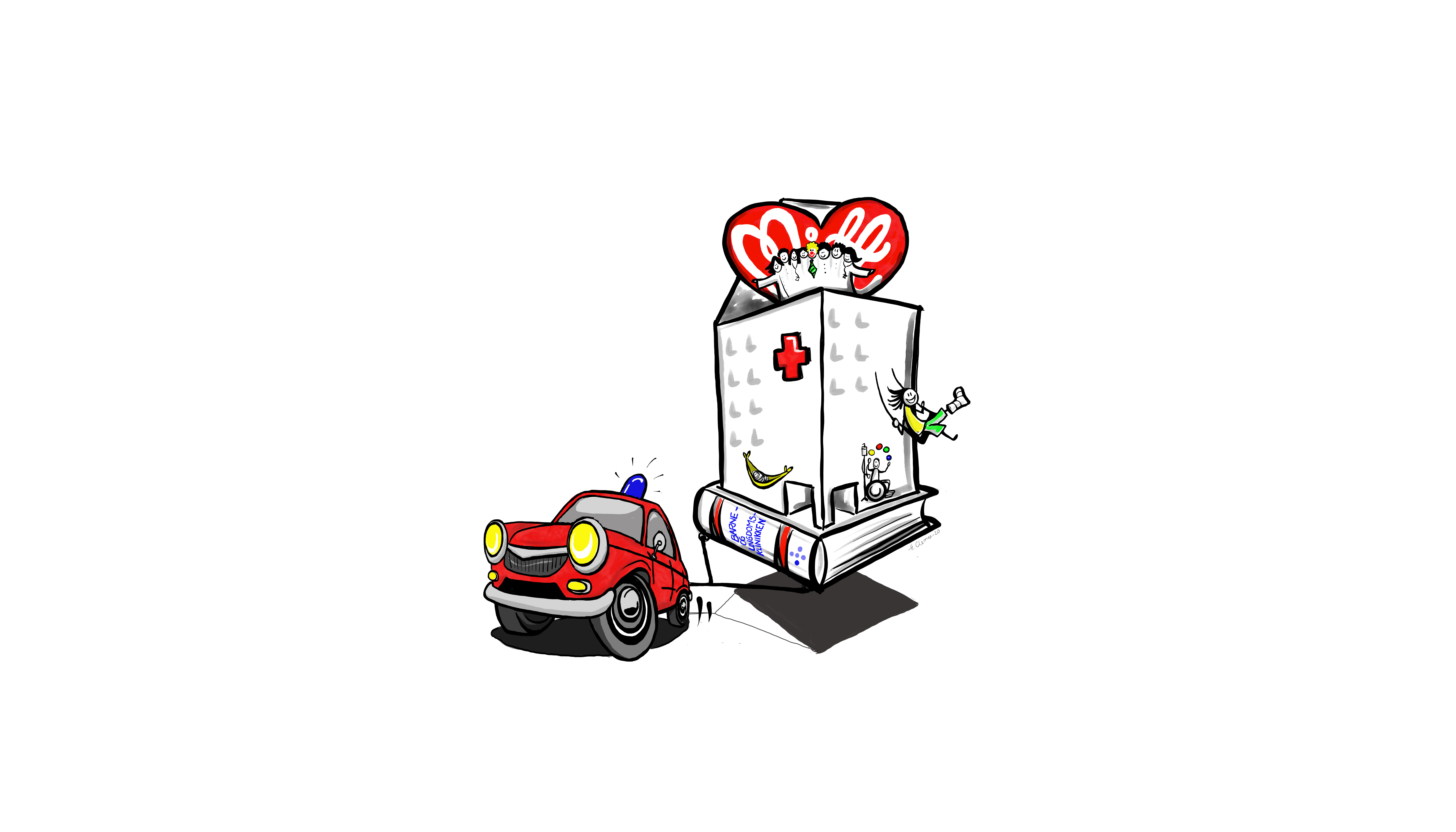 grafikk: bil med sykehus på henger