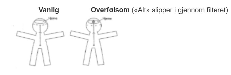 Illustrasjon. Strektegninger av to menneskefiguerer med vanlig og overfølsom hjerne med teksten 