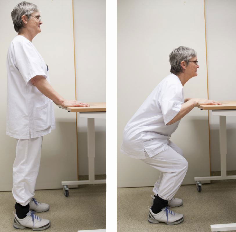 Montasje to bilder; kvinne står rak, kvinne bøyer knærne. Foto