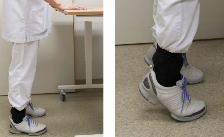 Montasje - to bilder; beina i bakken, opp på tå. Foto