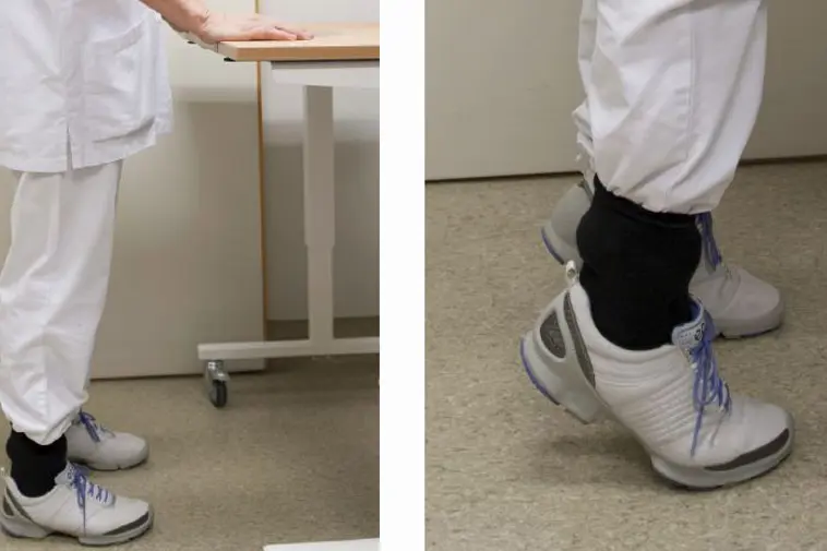 Montasje - to bilder; beina i bakken, opp på tå. Foto