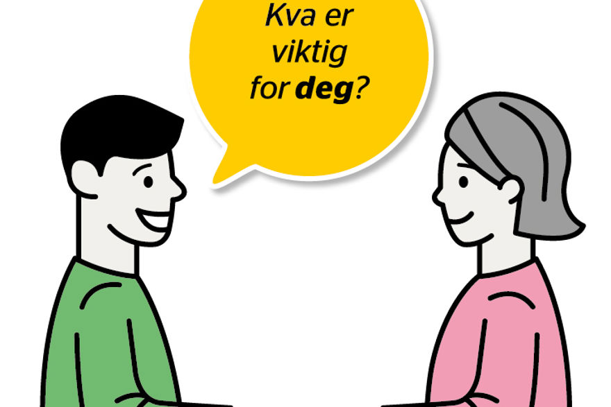 Illustrasjon fra kampanje - mann spør kvinne; snakkeboble med tekst hva er viktig for deg?format=webp&