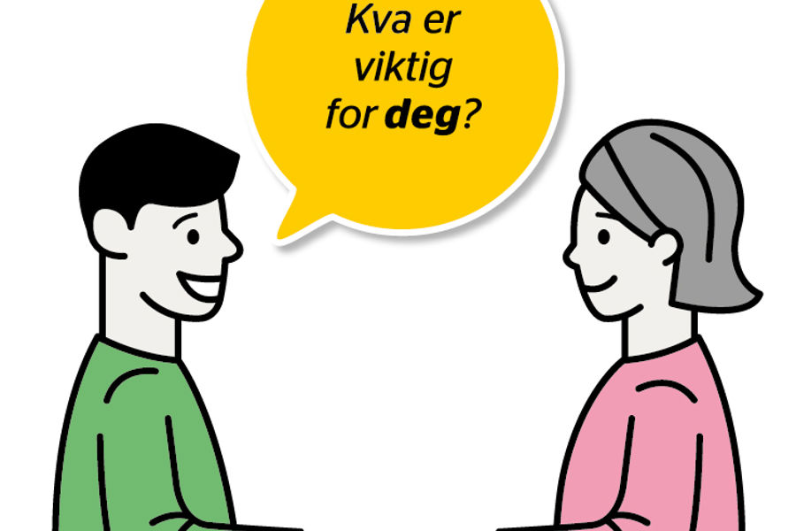 Illustrasjon fra kampanje - mann spør kvinne; snakkeboble med tekst hva er viktig for deg?format=webp&