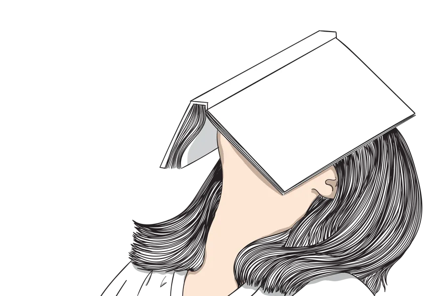 Illustrasjon dame kjeder seg med bok liggende over ansiktet.