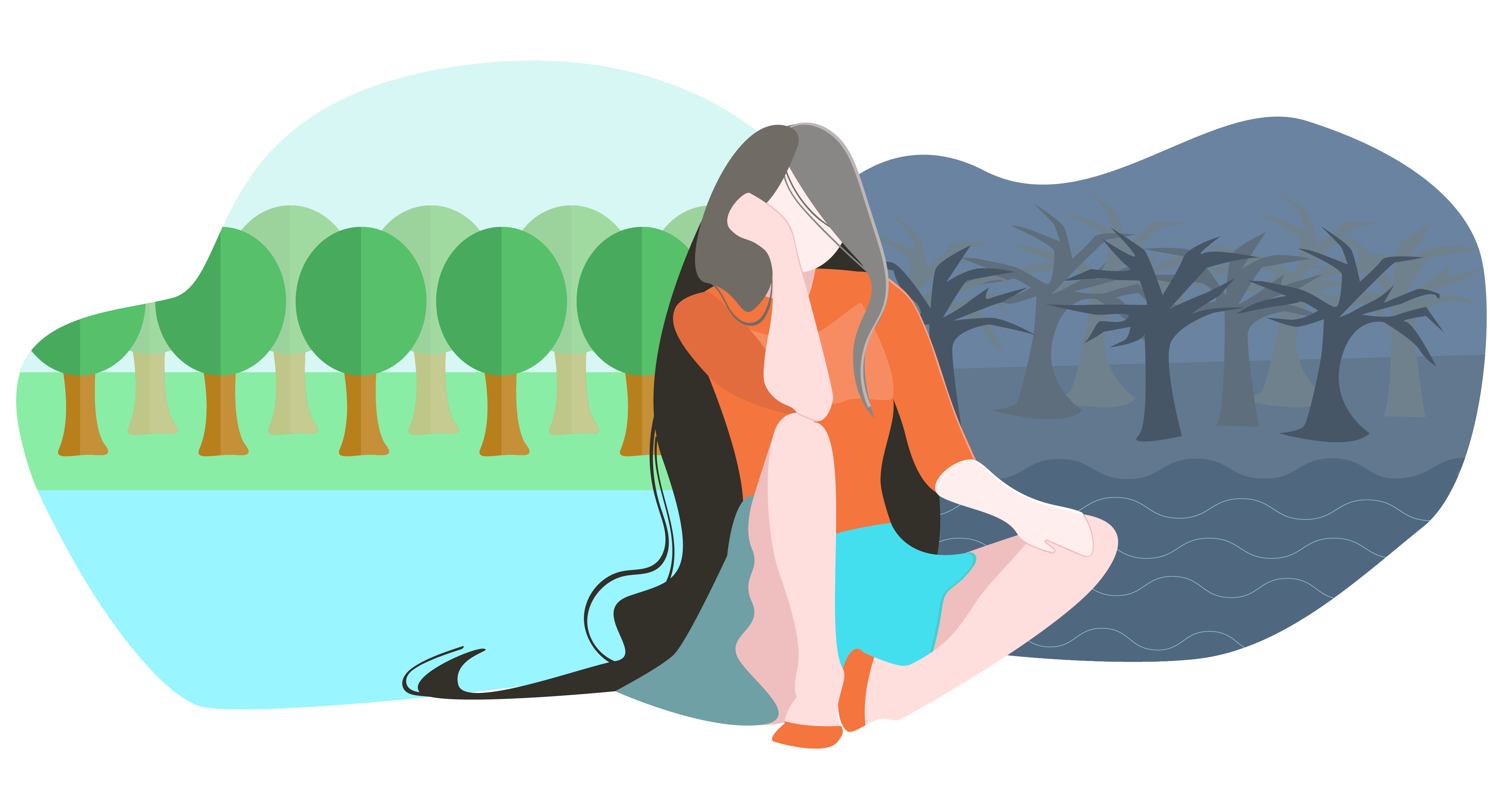 ilustrasjon dame sitter med hodet støttet på hånden med skog i bakgrunnen.