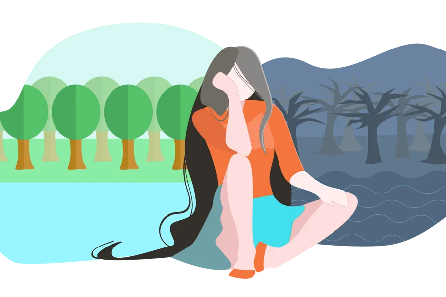 ilustrasjon dame sitter med hodet støttet på hånden med skog i bakgrunnen.