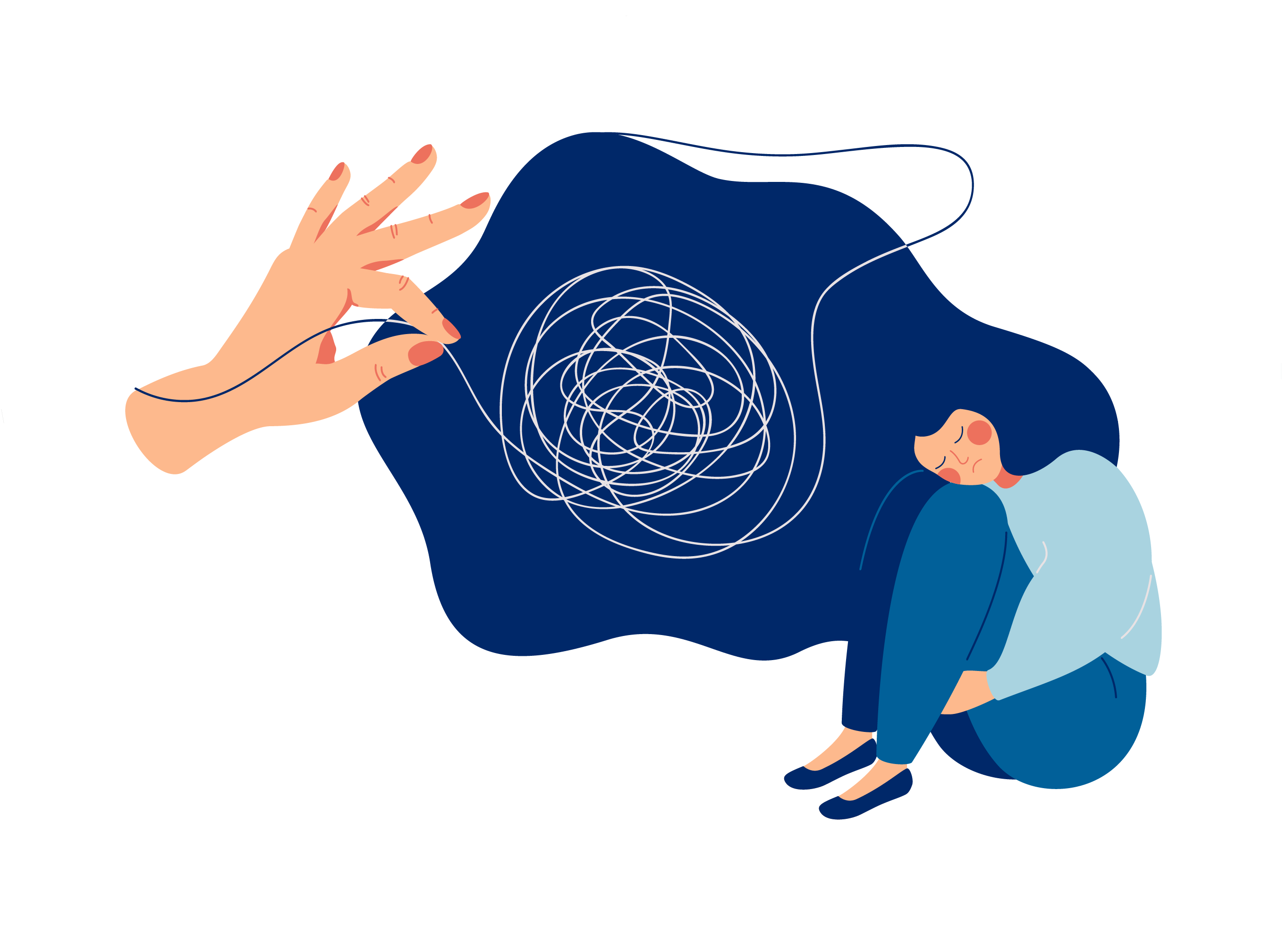 Illustrasjon av kvinne med lukkede øyne og en stor hånd som nøster i tankenes floker.