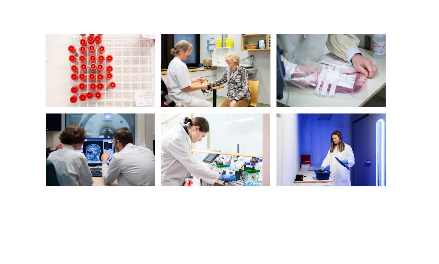 Montasje med bilder fra forskningsmiljø i sykehuset; Helsepersonell og pasient, prøveglass, MR-undersøkelse, analyse i laboratorium.