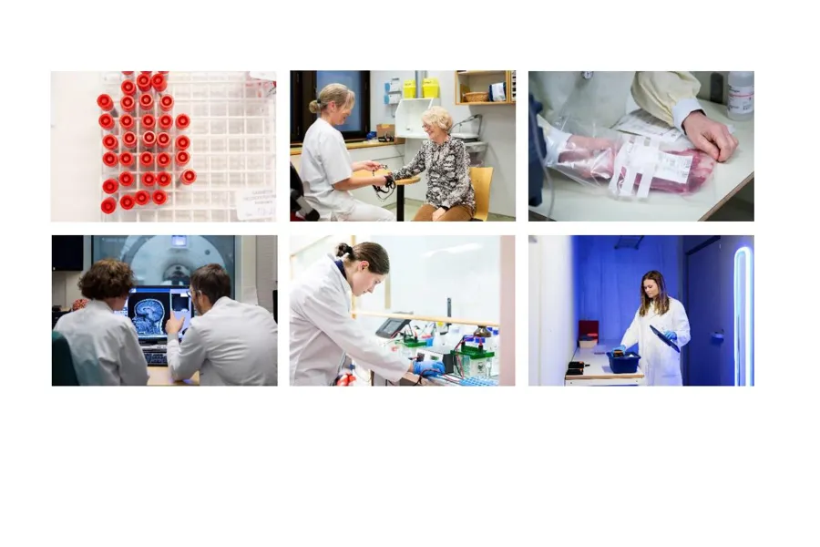 Montasje med bilder fra forskningsmiljø i sykehuset; Helsepersonell og pasient, prøveglass, MR-undersøkelse, analyse i laboratorium.
