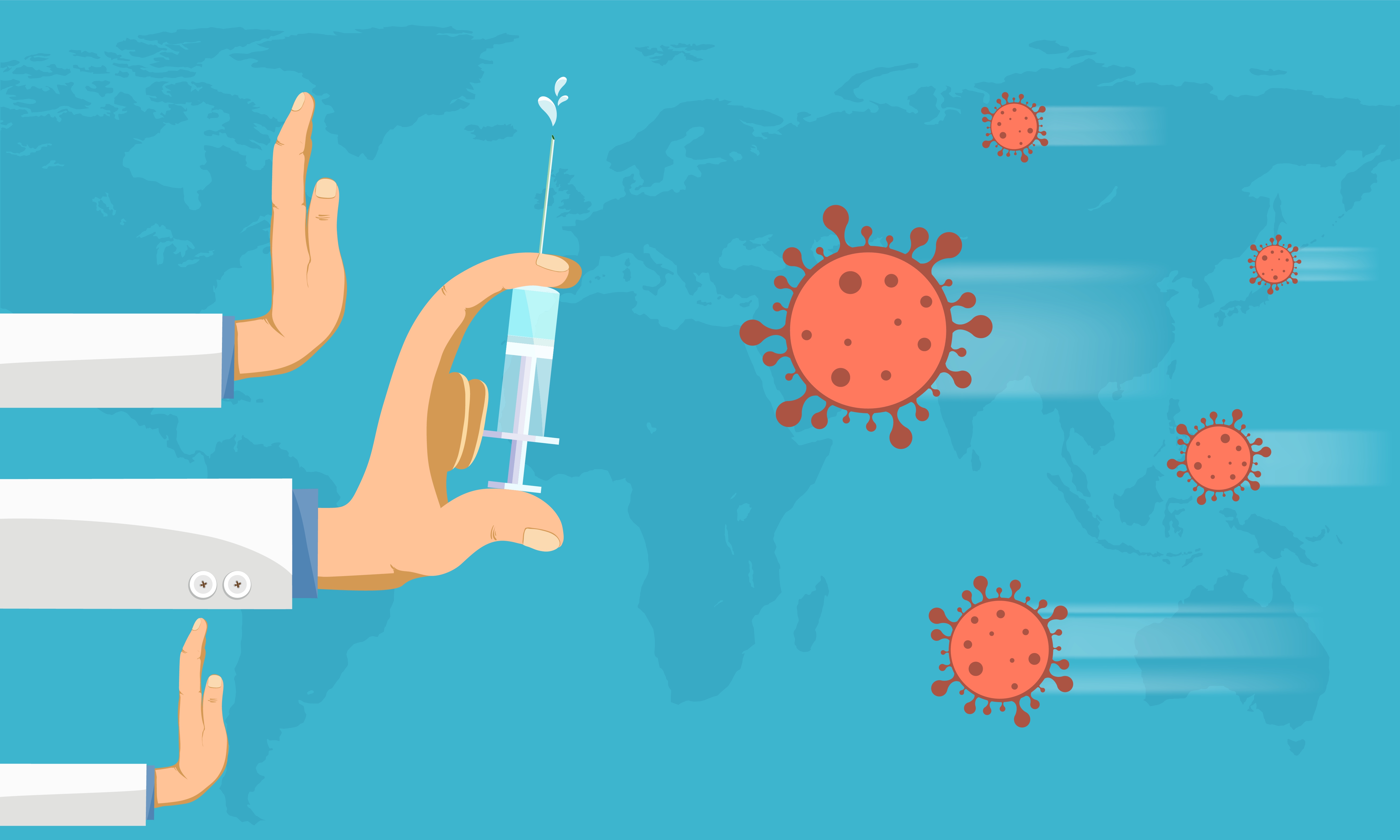 Hender med vaksinesprøyte og koronavirus. Illustrasjon 