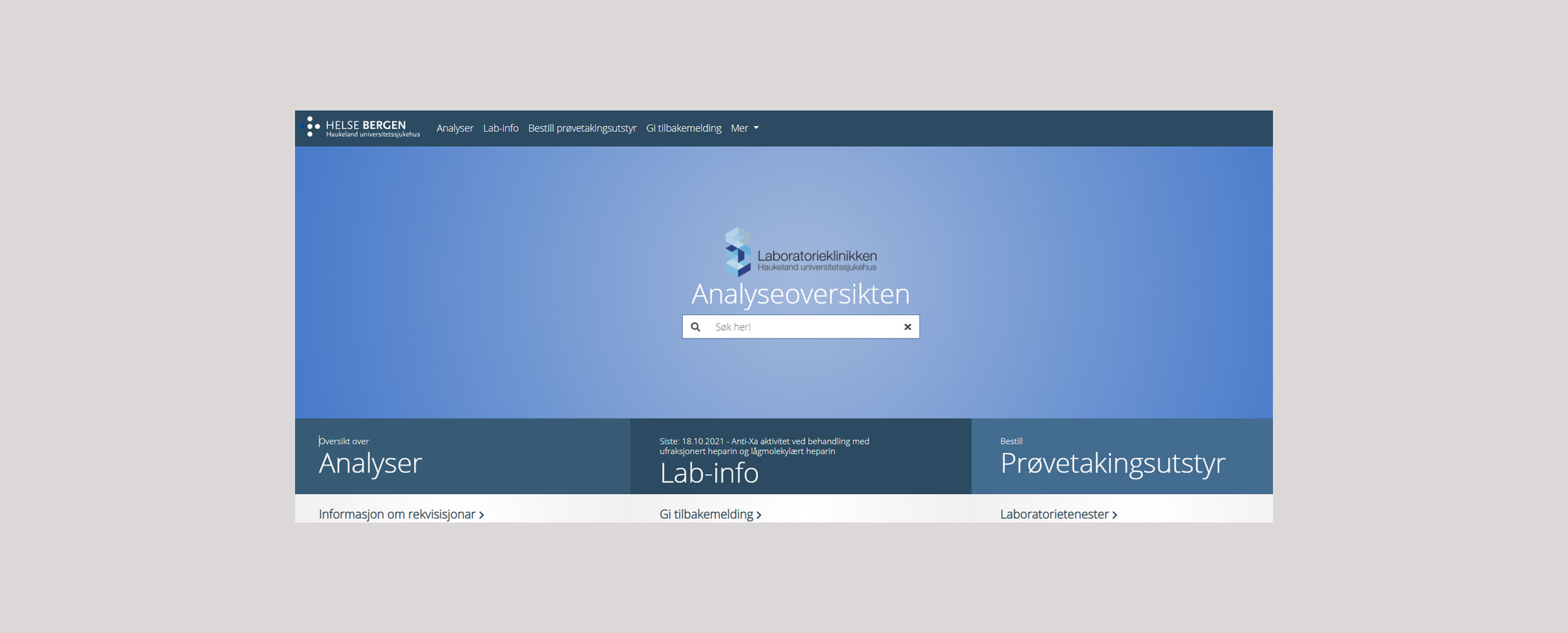 Forsiden til analyseoversikten. Skjermdump