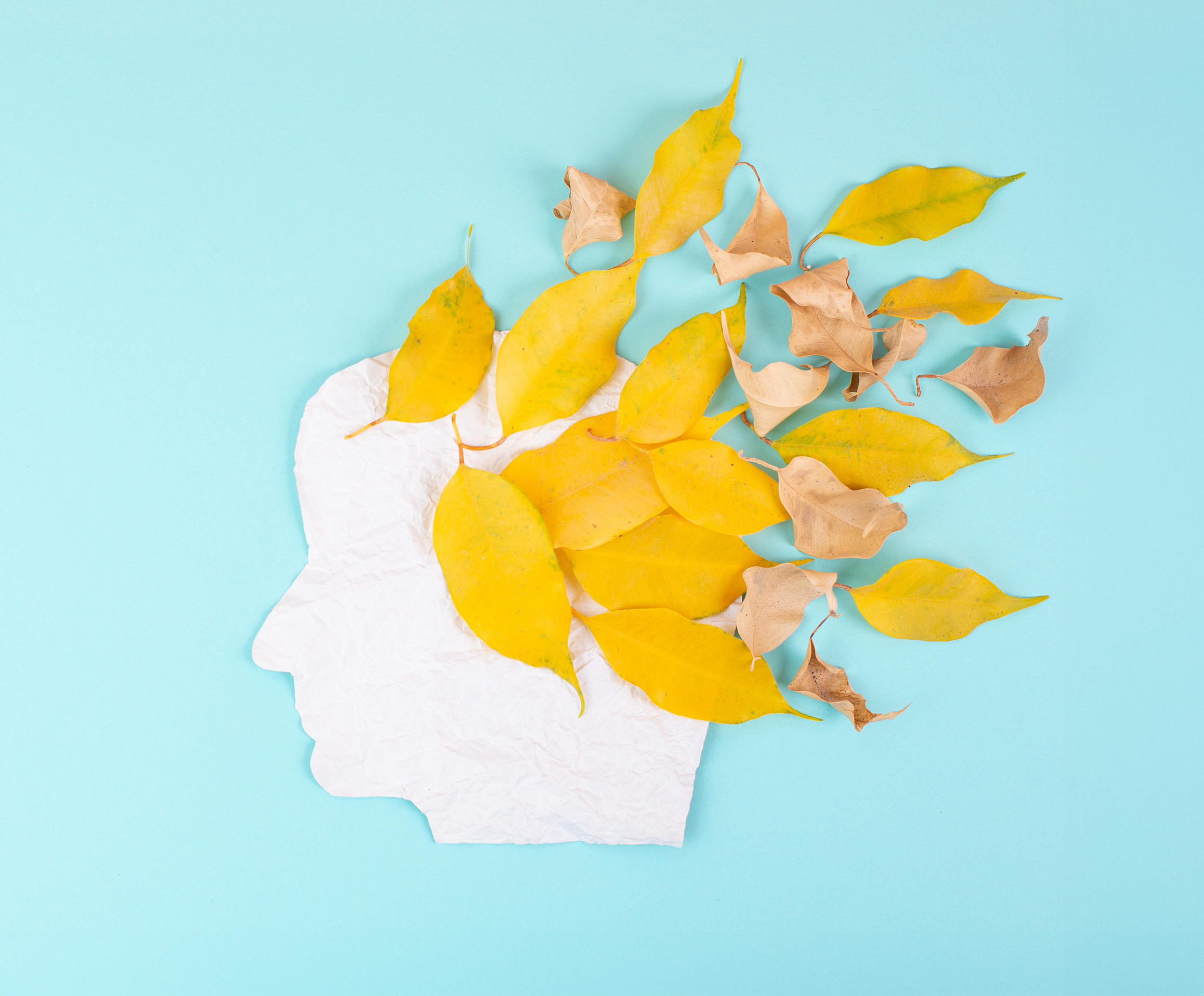 Illustrasjon med papirklipp av et hode med høstløv som blåser ut av hodet.