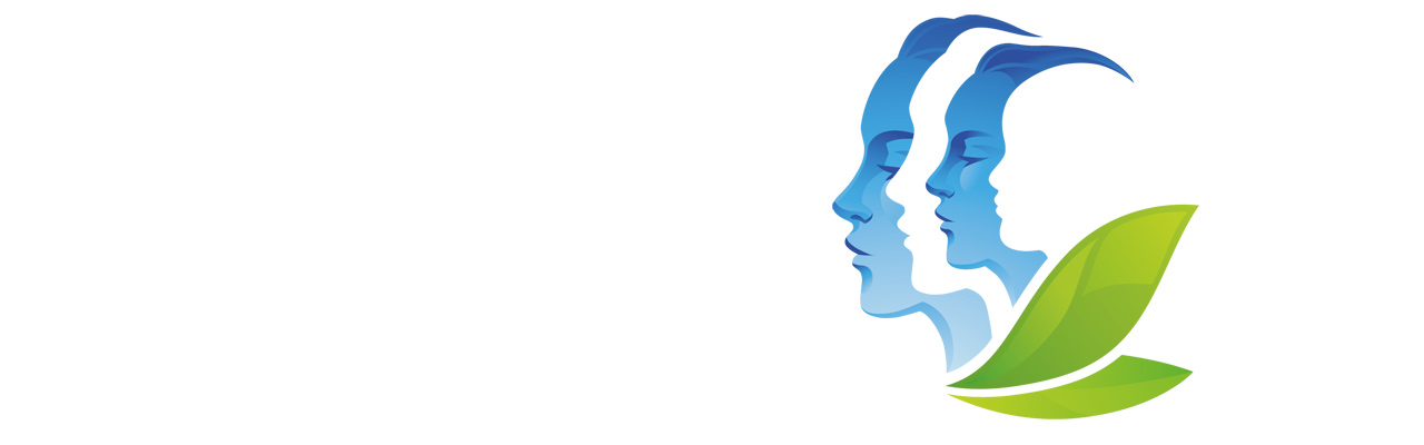 Fire ansikter i profil, annenhver i hvit og blå, to grønne blader. Illustrasjon