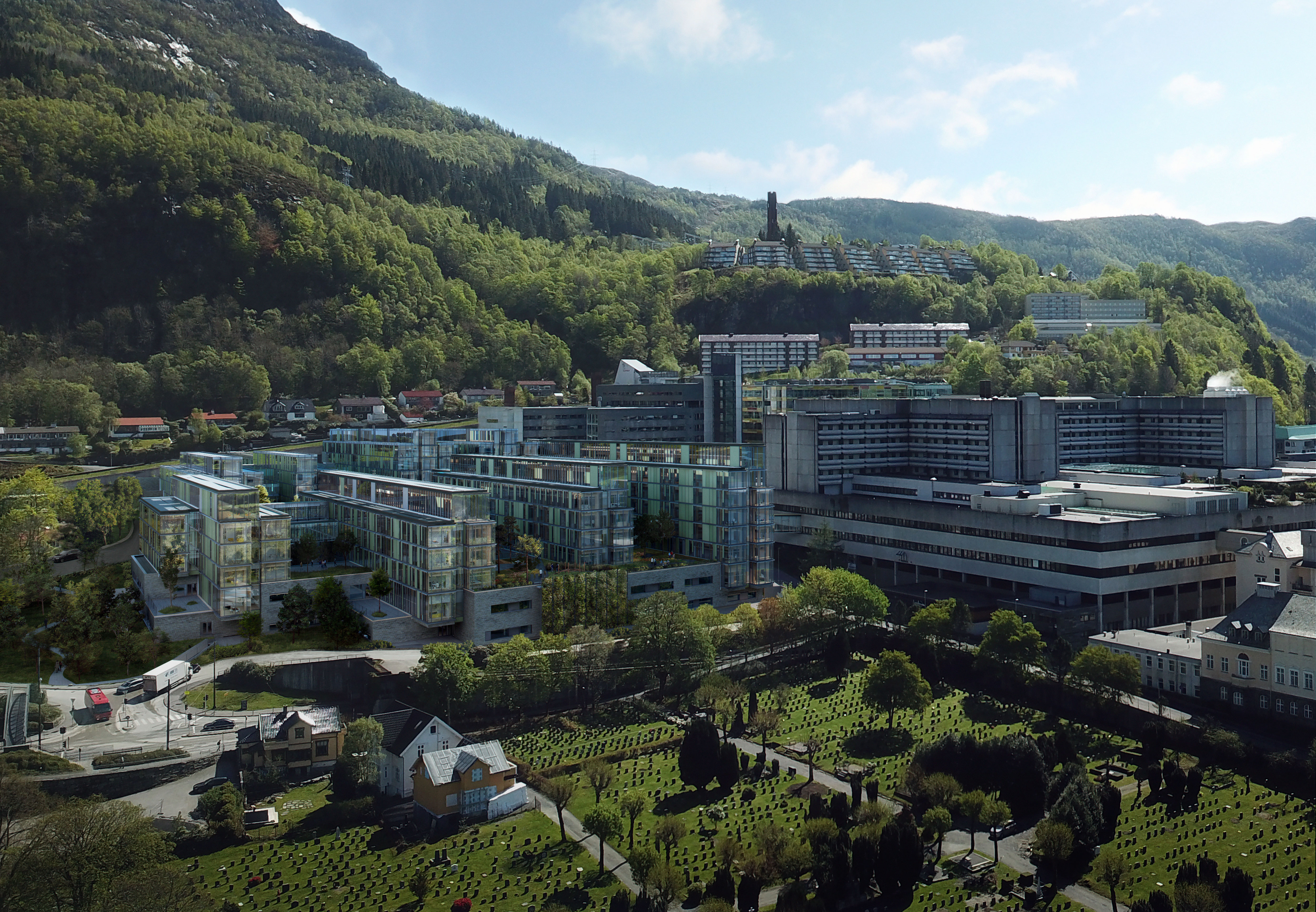 Oversiktsbilde Haukelandsområdet med Glassblokkene. Foto/illustrasjon