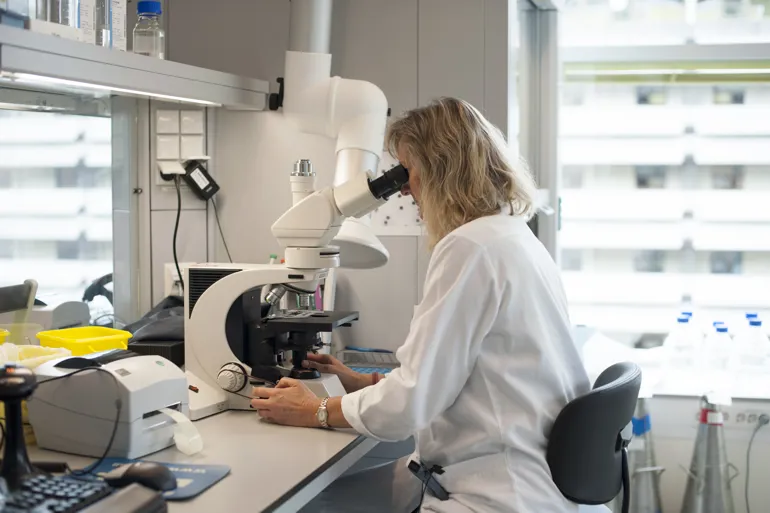 Kvinne i hvit frakk ser i mikroskop på laboratorium. Foto