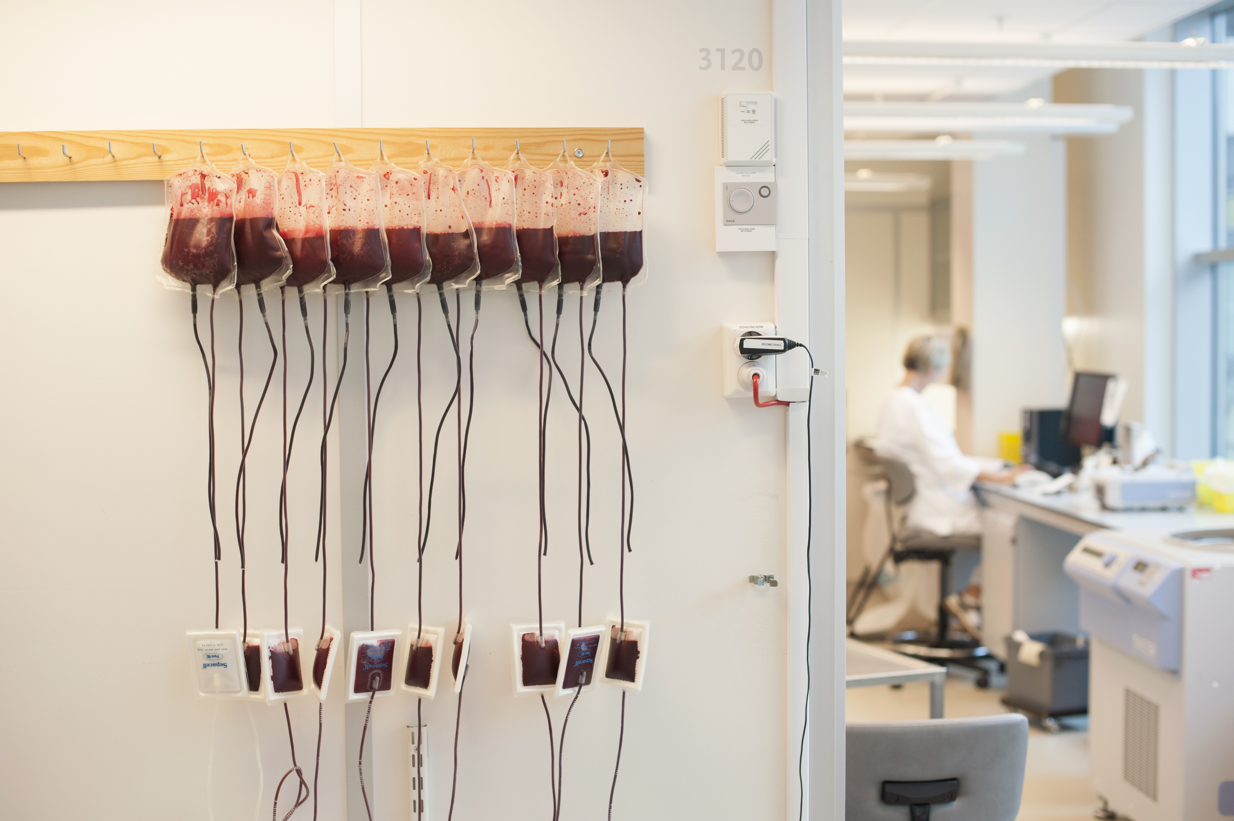 Poser med blod henger på knagger på en vegg