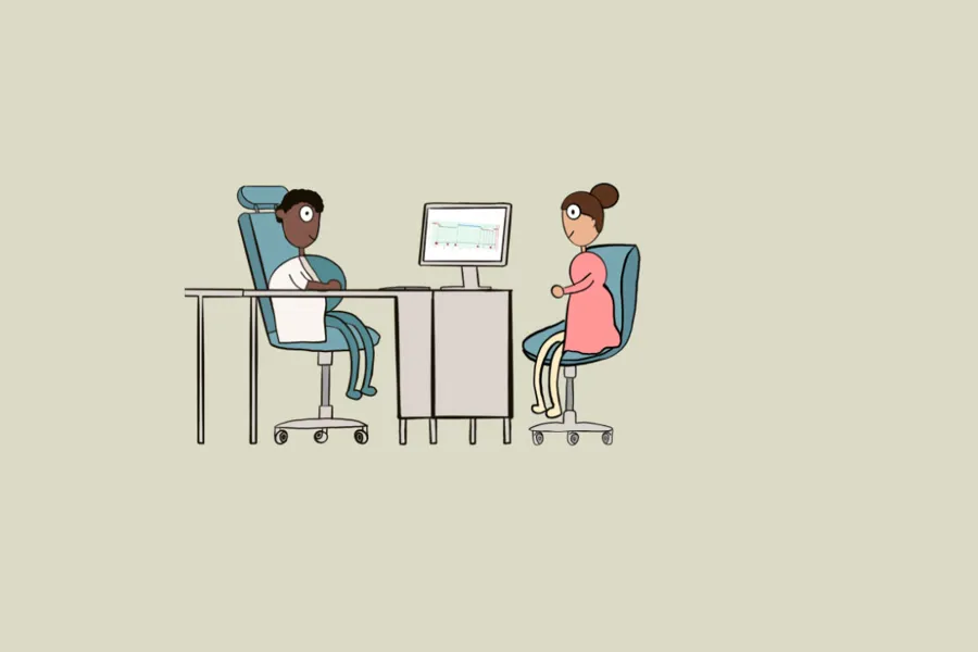 Illustrasjon. Lege og pasient sitter ved skrivebord med PC.