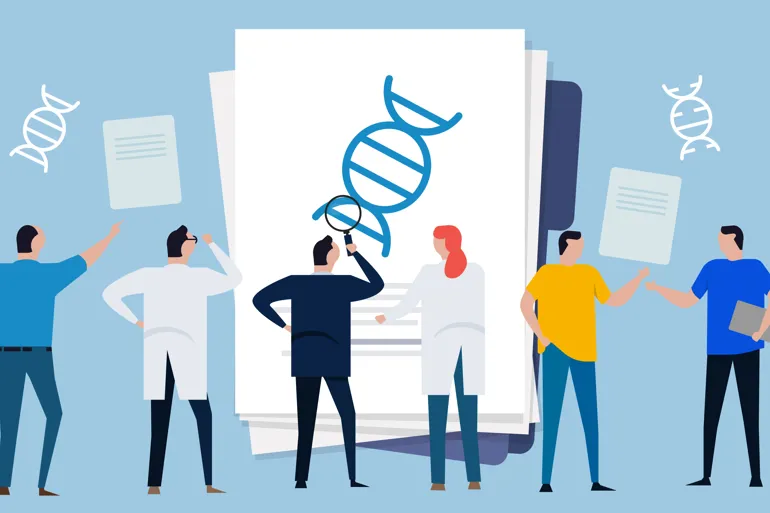 Illustrasjon. Seks personer ser på dokumenter med DNA- molekyler.
