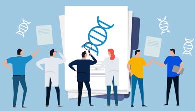 Illustrasjon. Seks personer ser på dokumenter med DNA- molekyler. 
