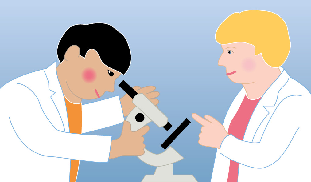 Illustrasjon av mann og kvinne i laboratoriefrakker ved mikroskop. Grafikk