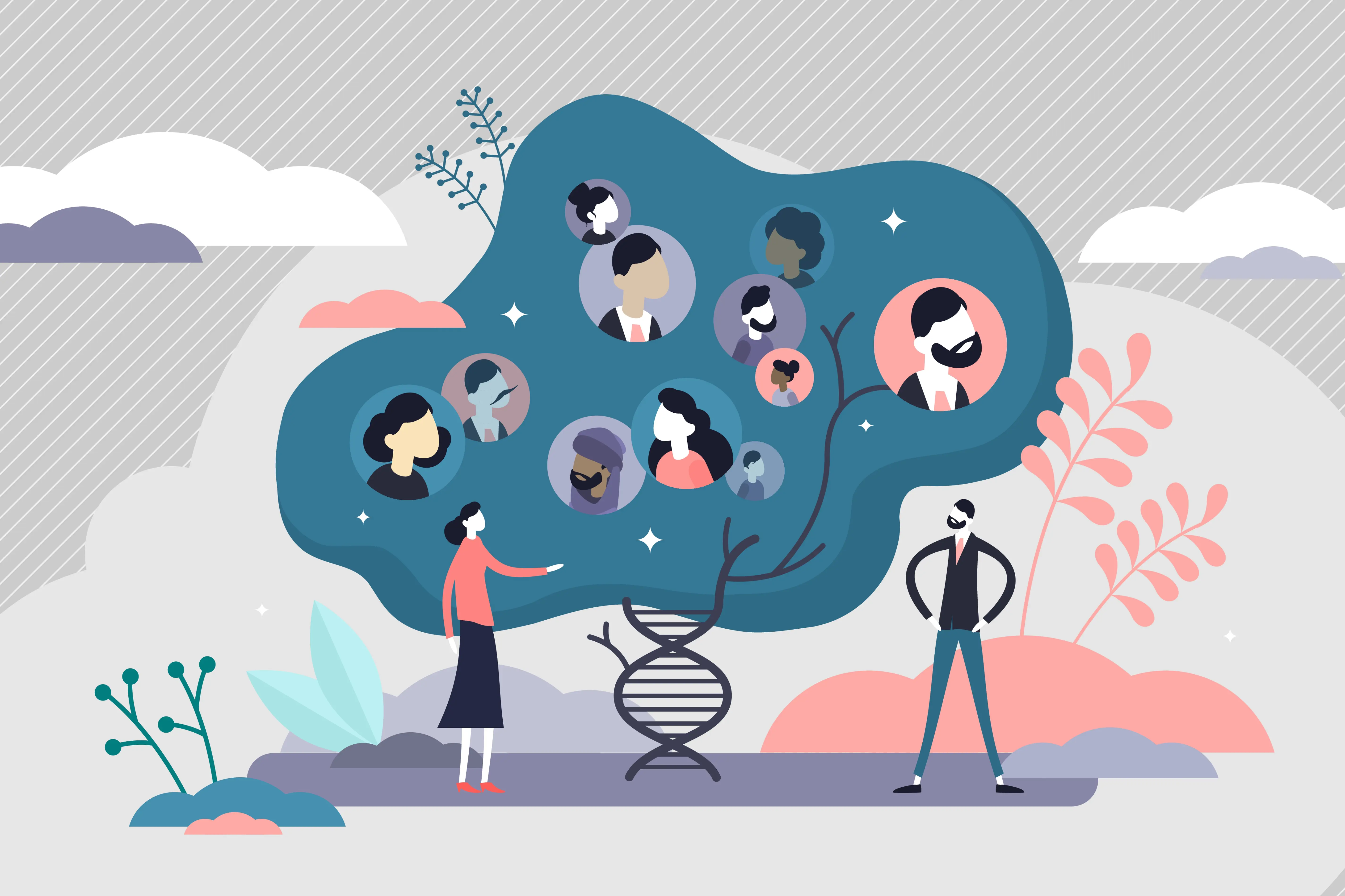 Illustrasjon av DNA og familietre