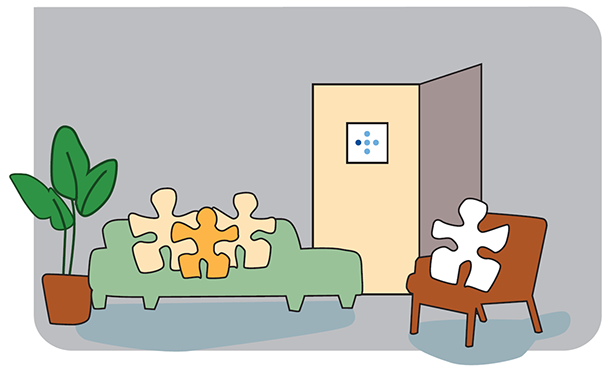 Tre puslespillbiter i sofa, dør med helse vest logo, stol med puslespillbit. Illustrasjon