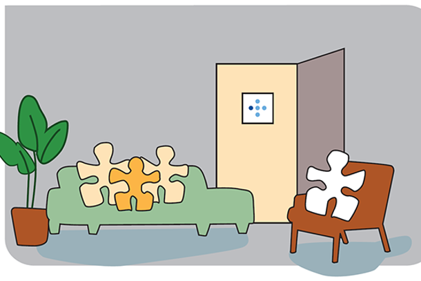 Tre puslespillbiter i sofa, dør med helse vest logo, stol med puslespillbit. Illustrasjon