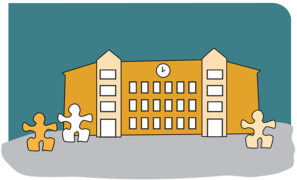 Tre puslespillbiter utenfor stort bygg med klokke som viser at klokken er 2. Illustrasjon