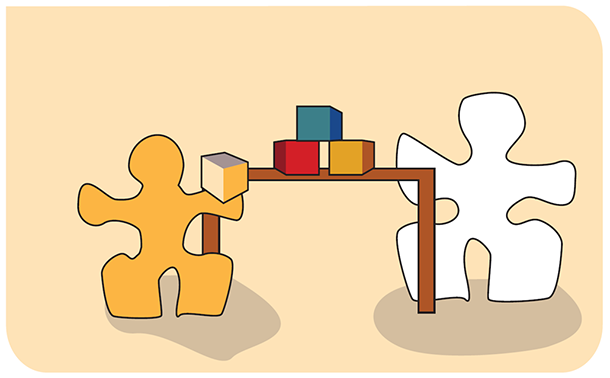 To puslespillbiter ved et bord med byggeklosser. Illustrasjon