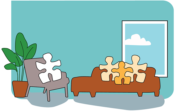 Puslespillbit sitter i stol vendt mot sofa med tre puslespillbiter. Illustrasjon