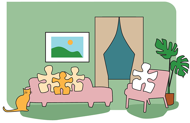 Katt ved siden av sofa med tre puslespillbiter og stol med en puslespillbit. Illustrasjon
