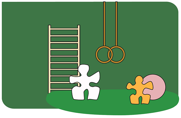 To puslespillbiter i gymsal med turnringer, ribbevegg og medisinball. Illustrasjon