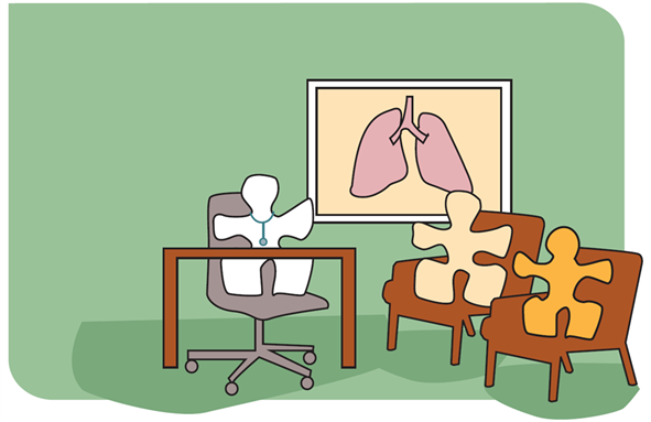 Puslespillbit med stetoskop i stol bak pult og to puslespillbiter i stoler, bilde av lunger på veggen. Illustrasjon