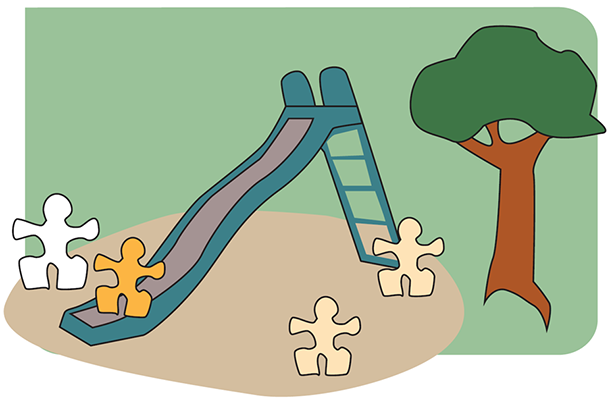Fire puslespillbiter i forskjellig farge ved rutsjebane og et tre. Illustrasjon