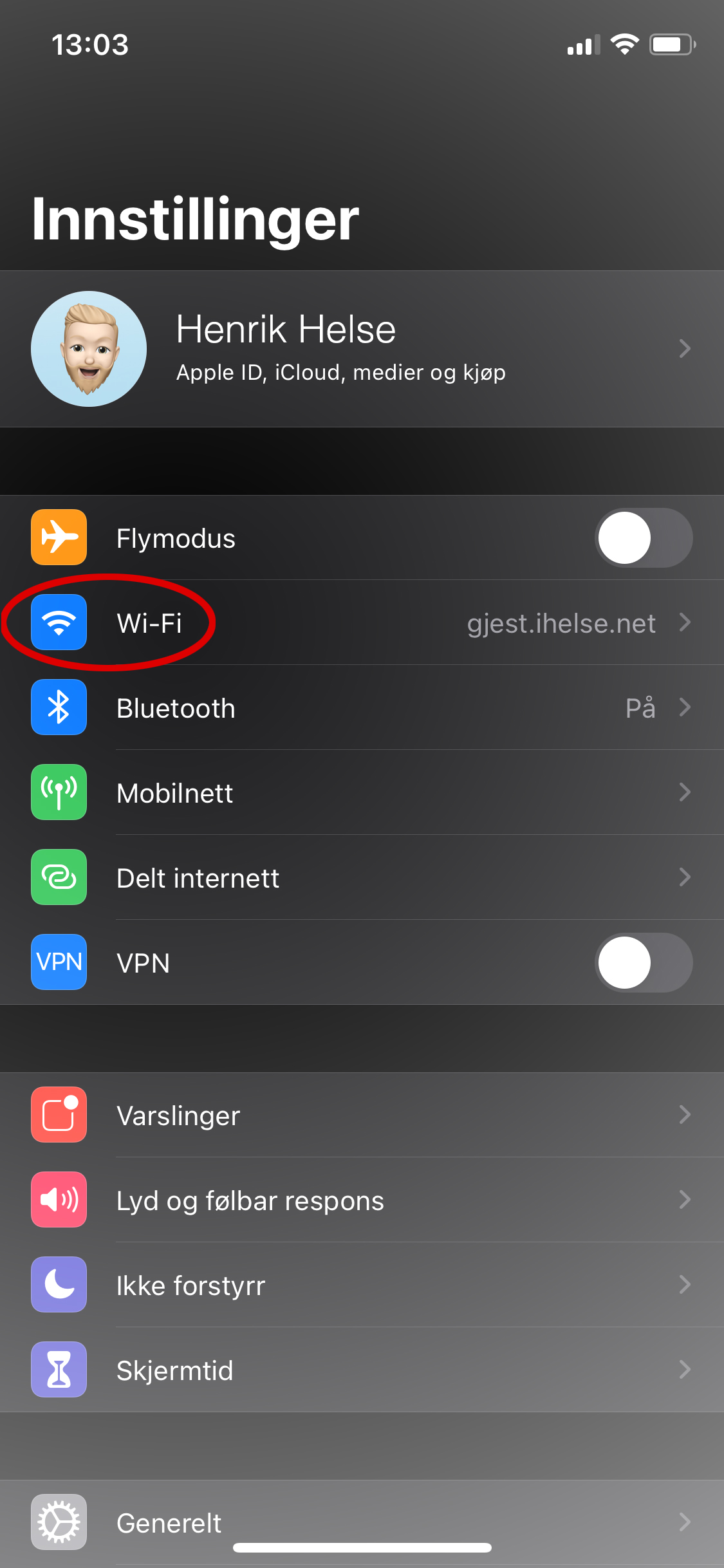 Innstillinger WiFi. Skjermdump iphone