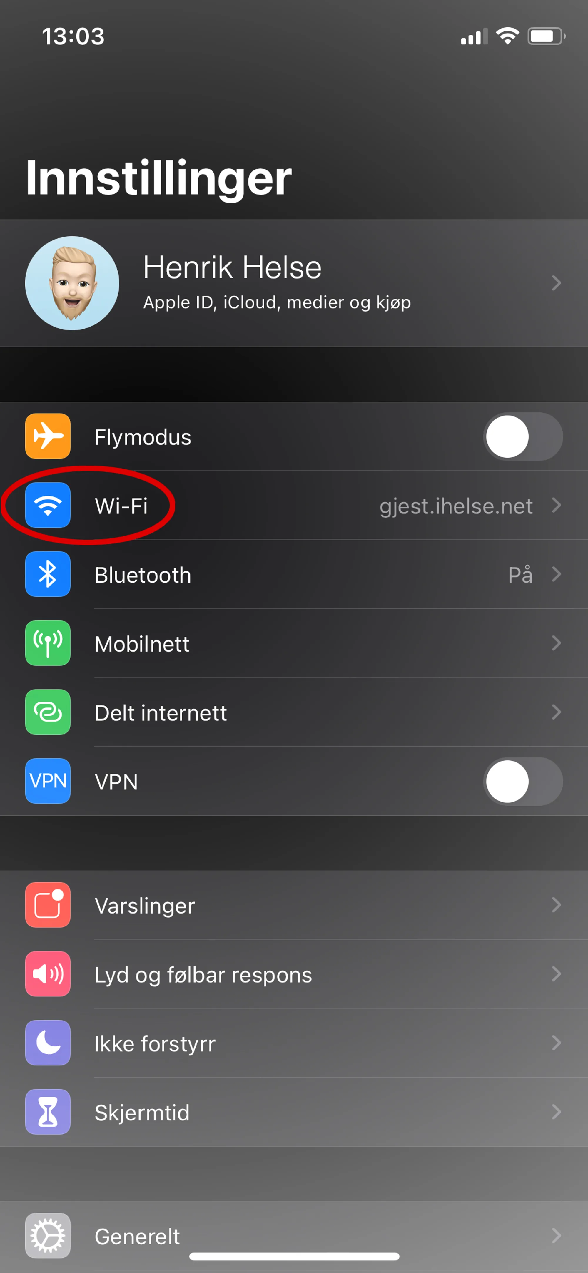 Innstillinger WiFi. Skjermdump iphone