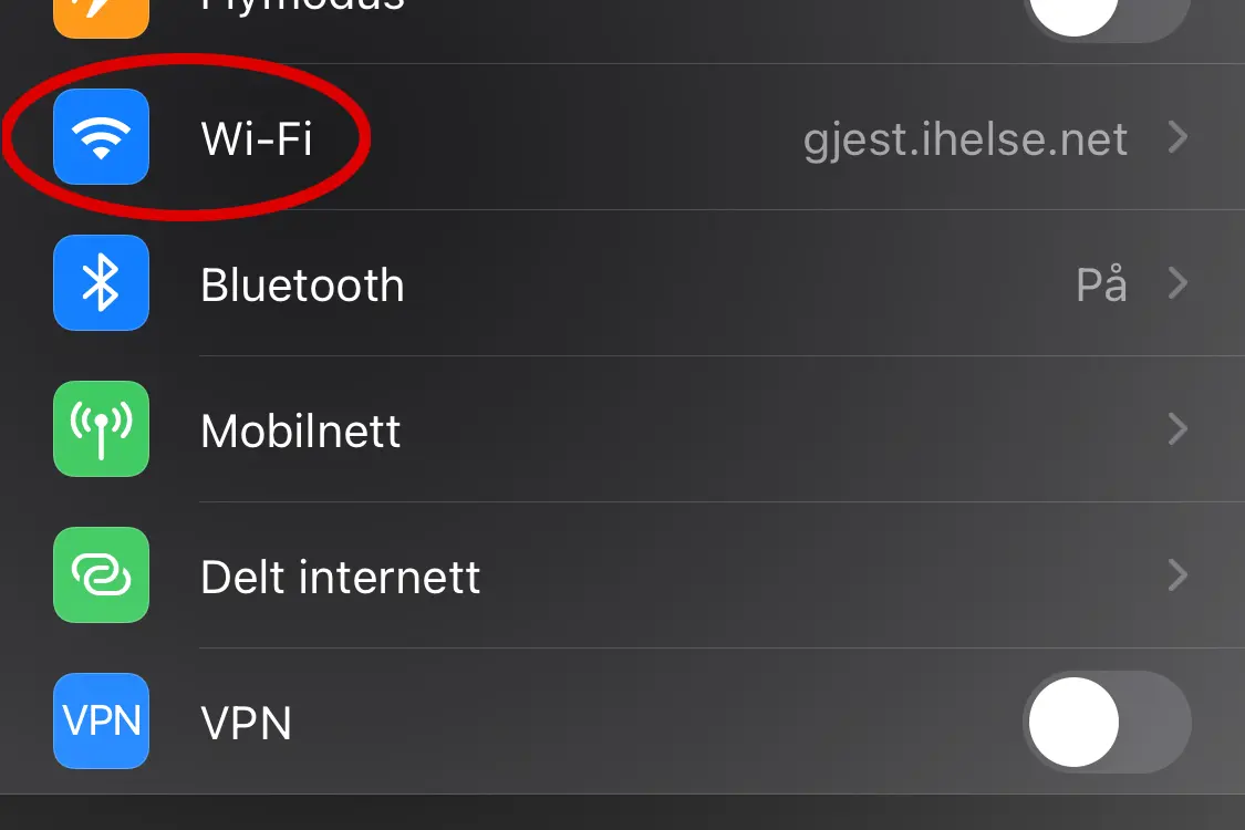 Innstillinger WiFi. Skjermdump iphone