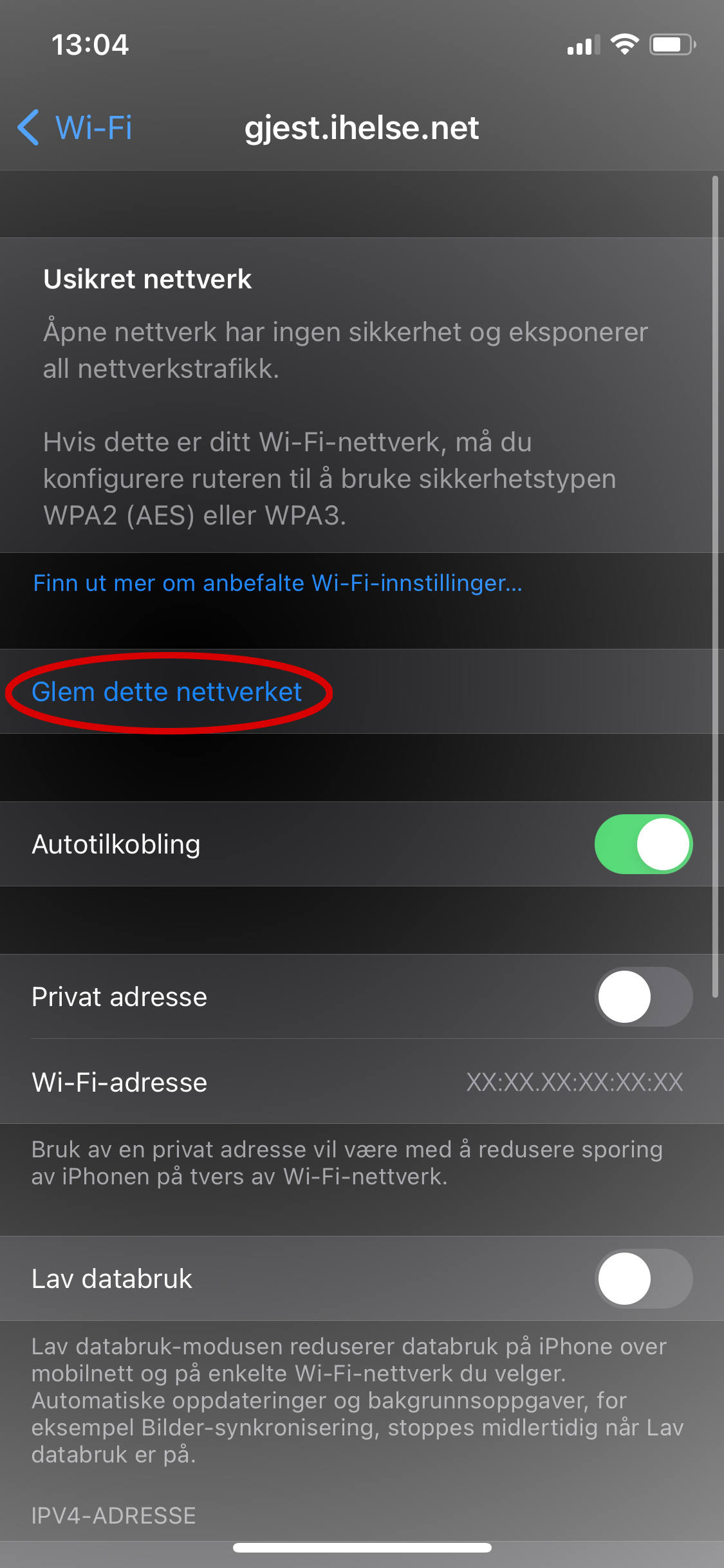 Glem dette nettverket. Skjermdump iphone
