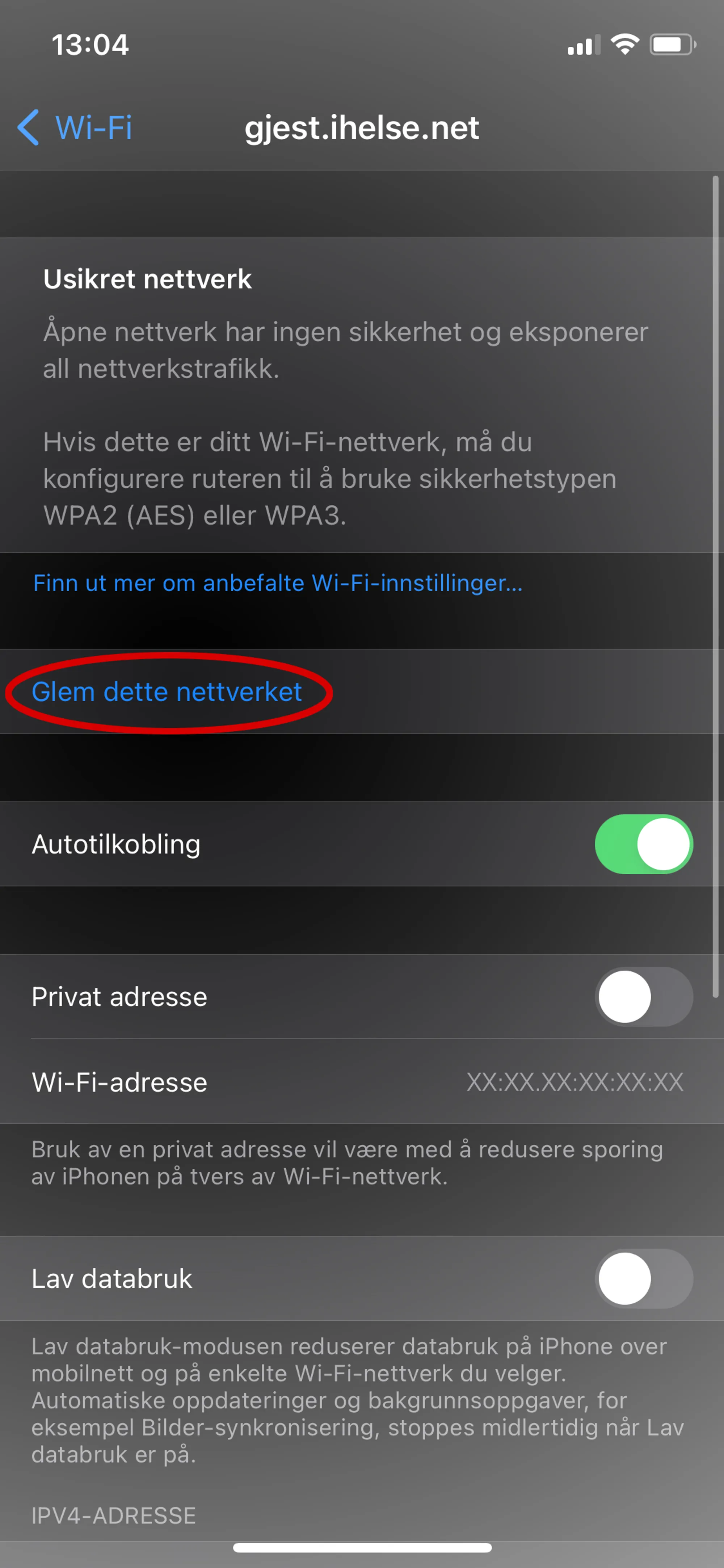 Glem dette nettverket. Skjermdump iphone