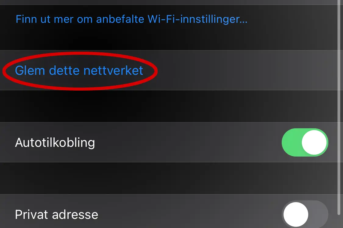 Glem dette nettverket. Skjermdump iphone