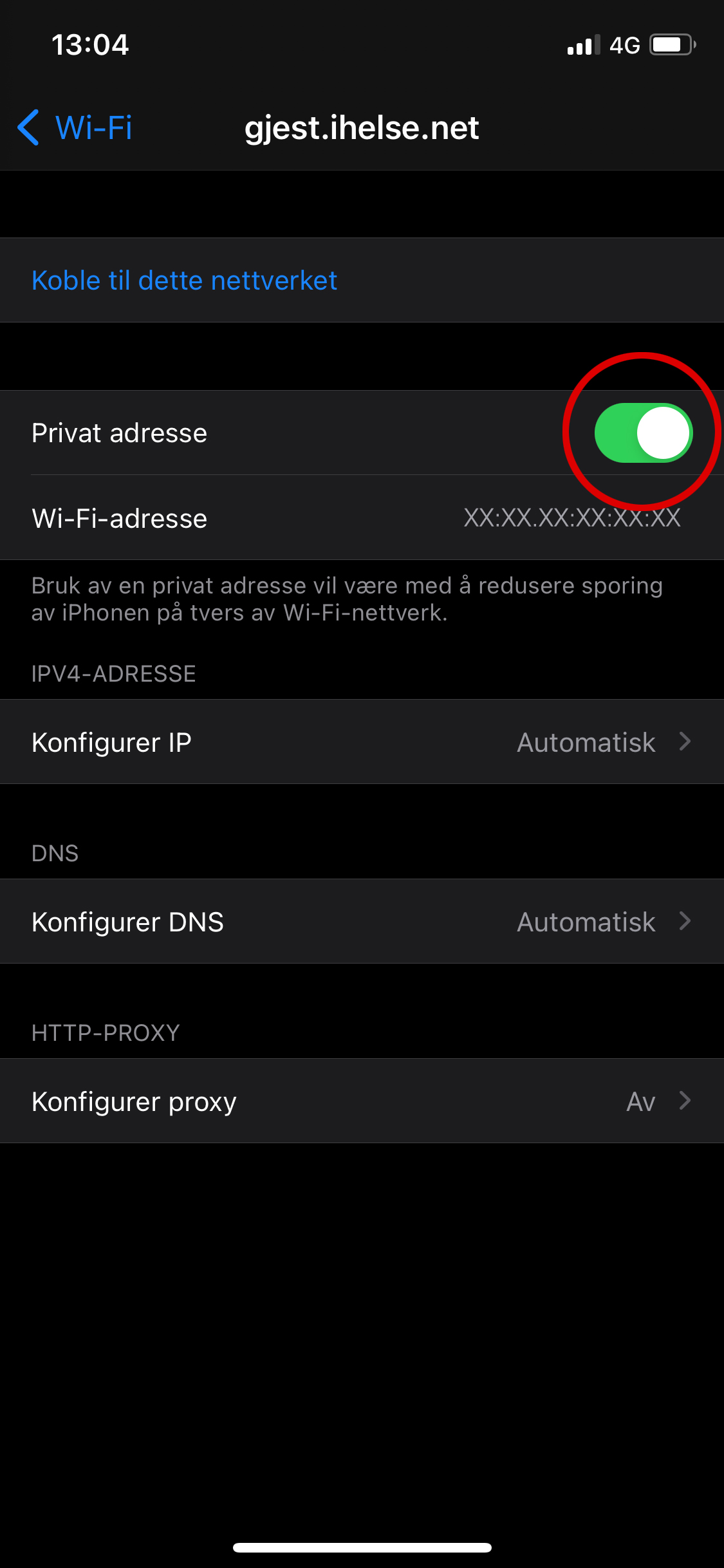 Privat står på. Skjermdump iphone
