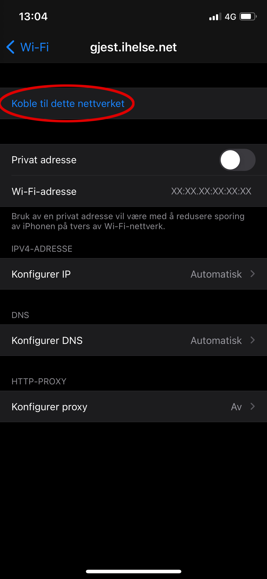 Trykk koble til. Skjermdump iphone