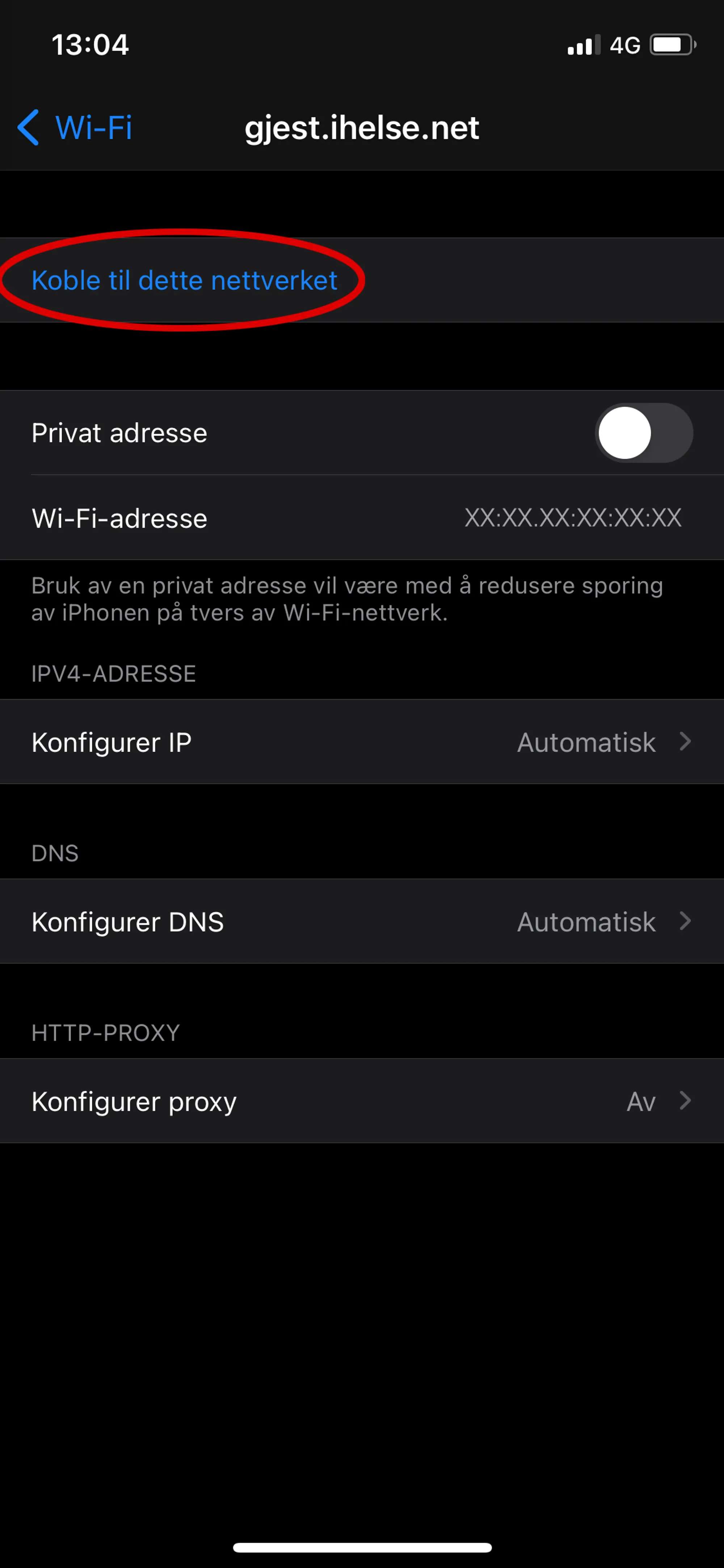 Trykk koble til. Skjermdump iphone