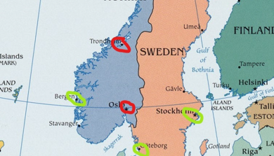 Europakart med avmerket fire  regionale sentre i Norge, samt  2 i Sverige, 1 i Danmark og 1 i Nederland. Grafikk