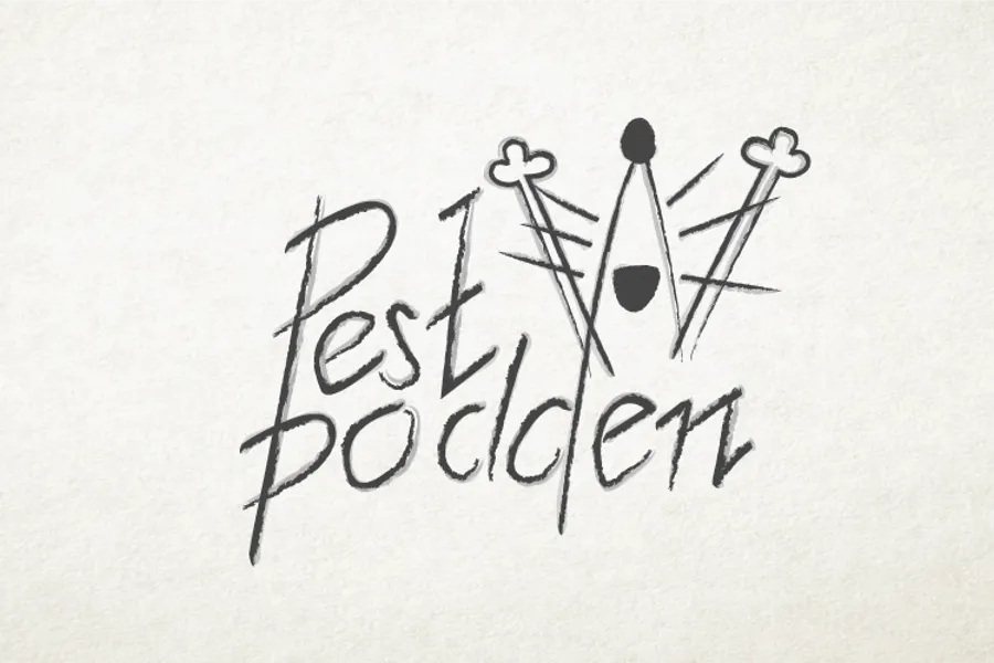Logo - "Pestpodden" med handskrift og ei glad rotte.