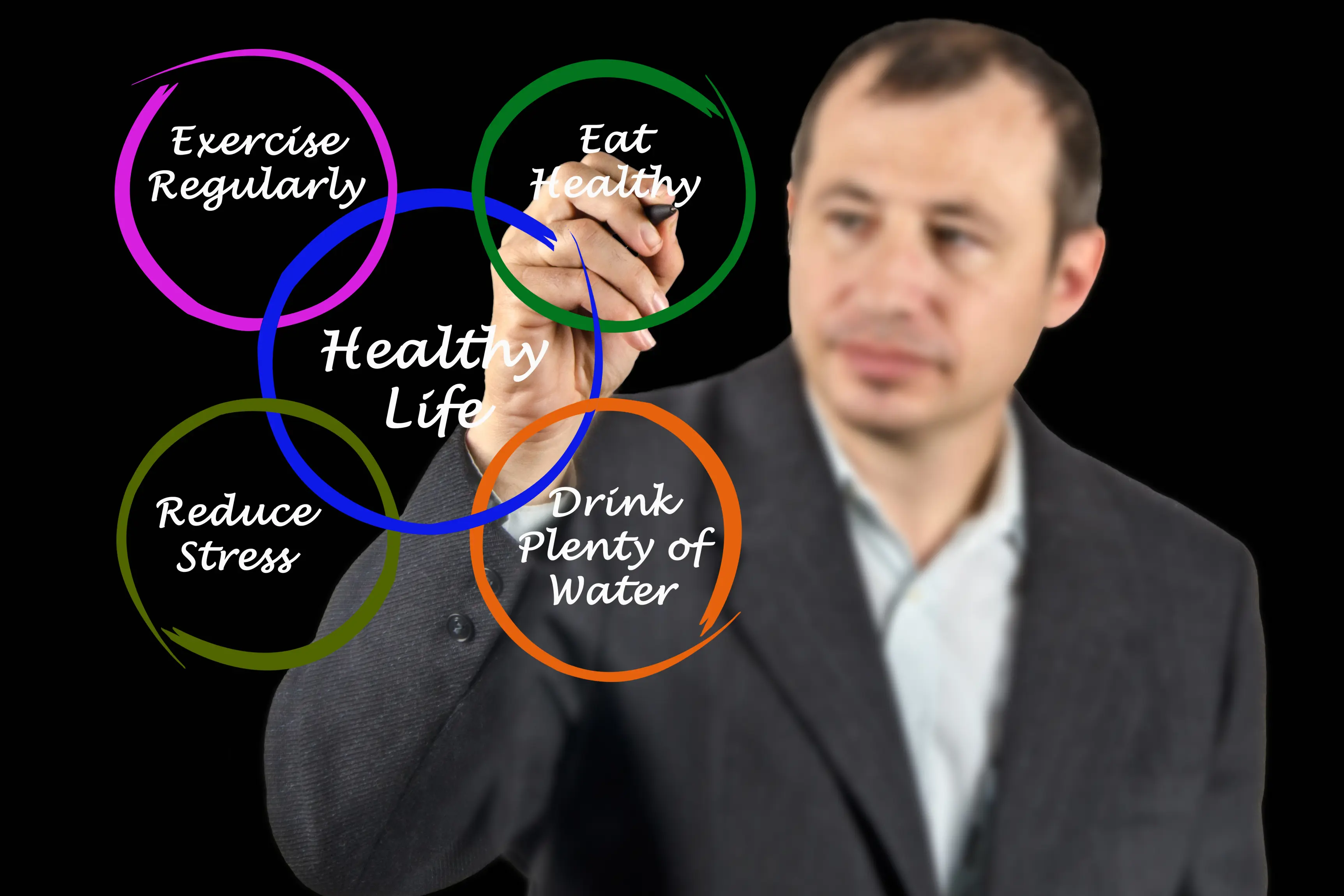 Mann skriver på gjennomsiktig tavle om sunn livsstil. Foto