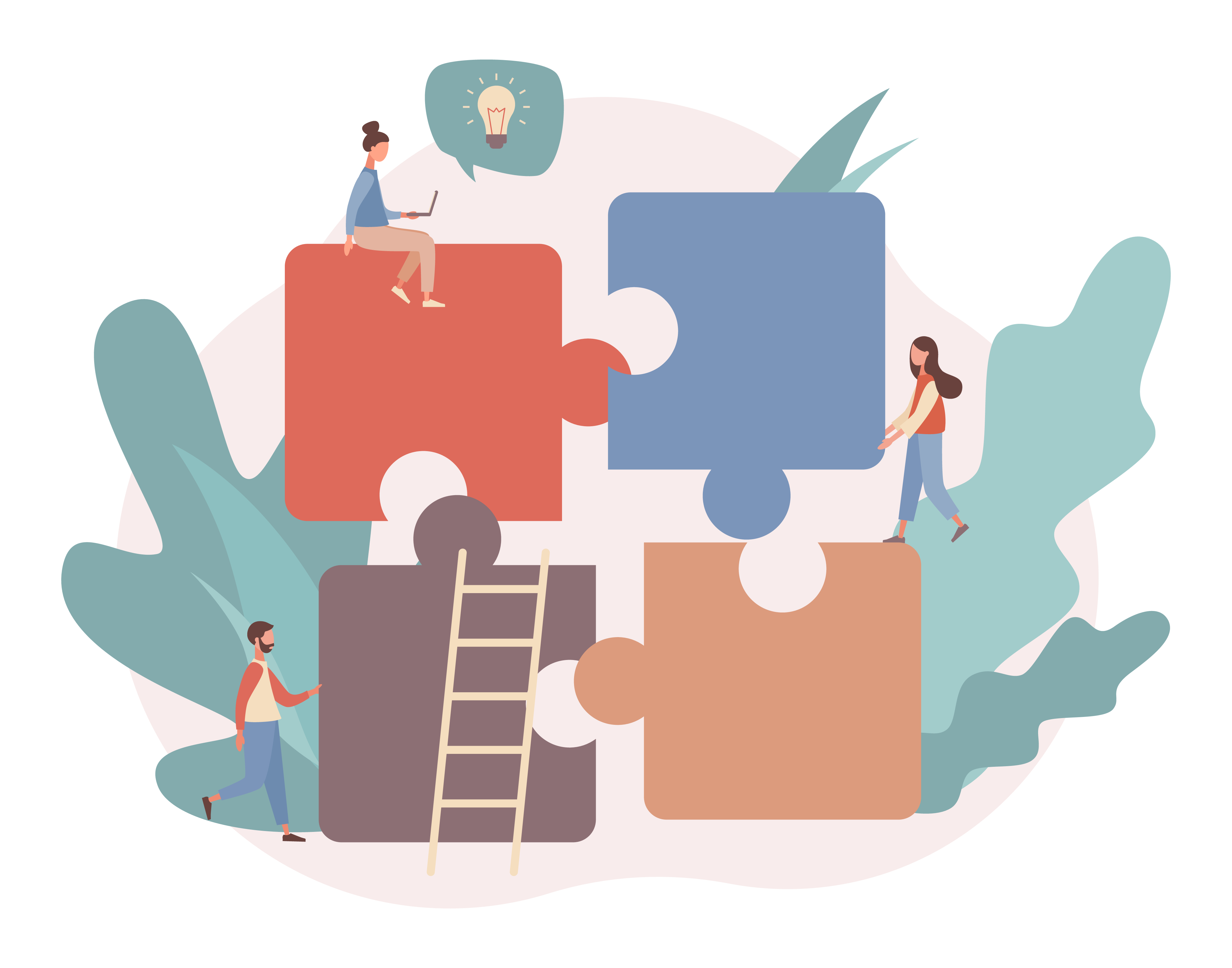 Store puslespillbiter med tre personer plassert ulike steder.